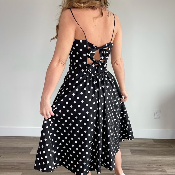 Vintage Sears Black & White Polka Dot Bow Midi Dress (S) - Picture 4 of 9